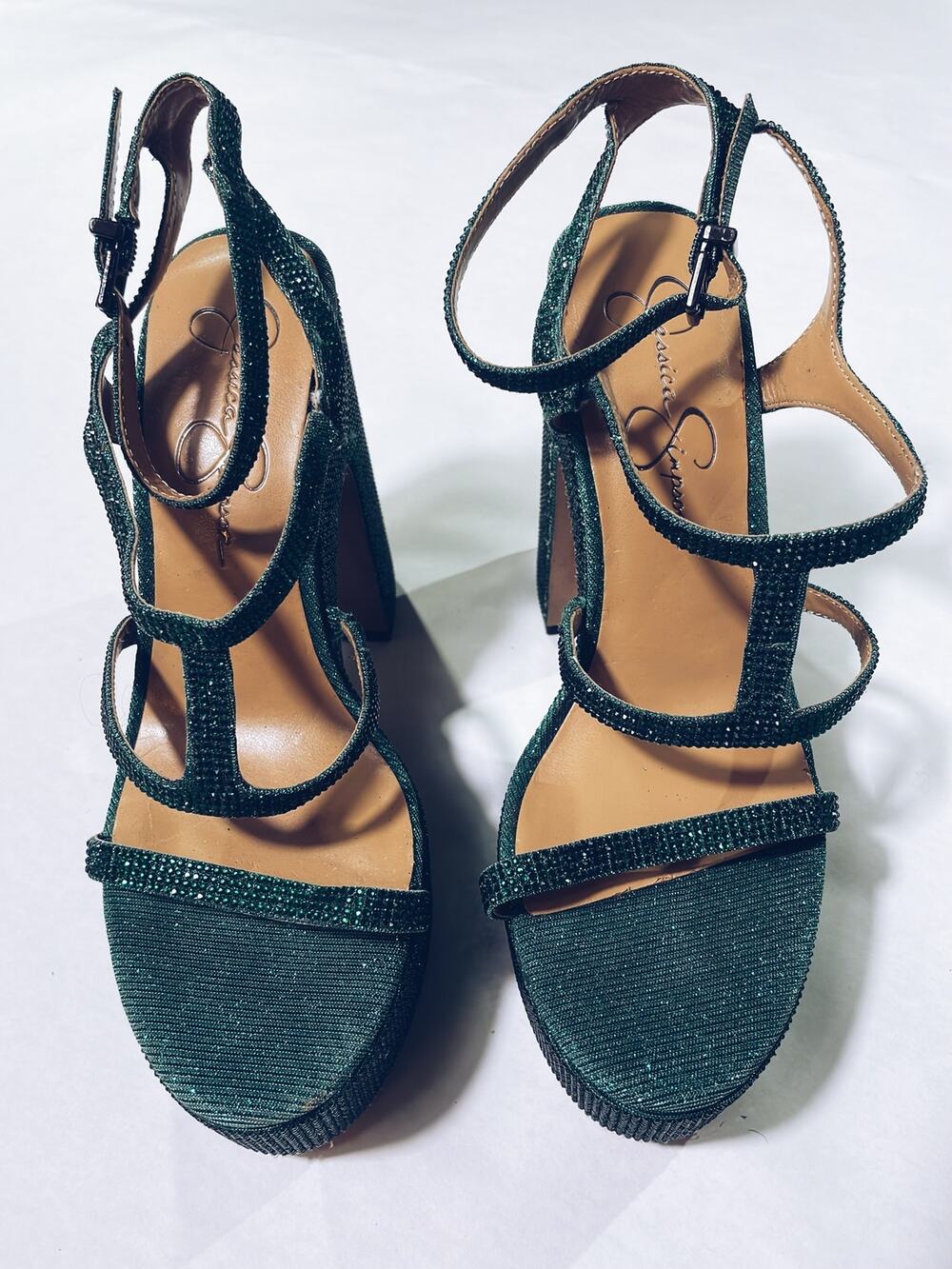 Jessica Simpson Meitini Rhinestone Block Sandals - Womens Size 7-1/2 - Green
